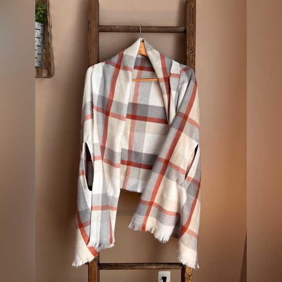 a new day Women's Plaid Cape in Gray, White, and Orange with arm holes - Picture 2 of 4